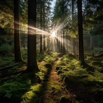 Sunlight streaming through pine trees in a mountain forest - Image 1