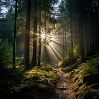 Sunlight streaming through pine trees in a mountain forest - Image 2