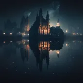 Cityscape at night with reflecting skyscrapers on calm river - Image 1