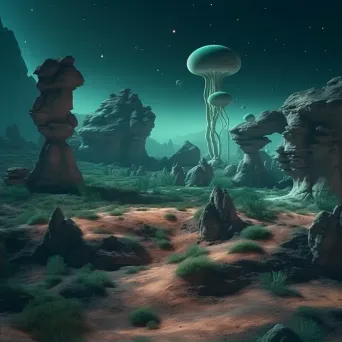 Surreal alien landscape with strange rock formations and glowing plants - Image 2