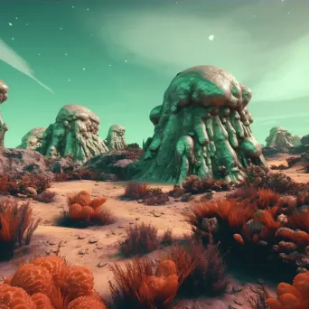 Surreal alien landscape with strange rock formations and glowing plants - Image 3