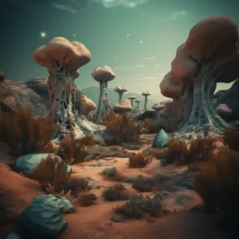 Surreal alien landscape with strange rock formations and glowing plants - Image 4