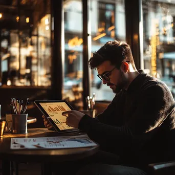 Young professional using a tablet for cryptocurrency transaction in a café - Image 2