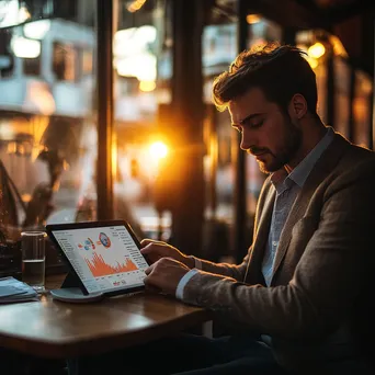 Young professional using a tablet for cryptocurrency transaction in a café - Image 3