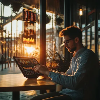 Young professional using a tablet for cryptocurrency transaction in a café - Image 4