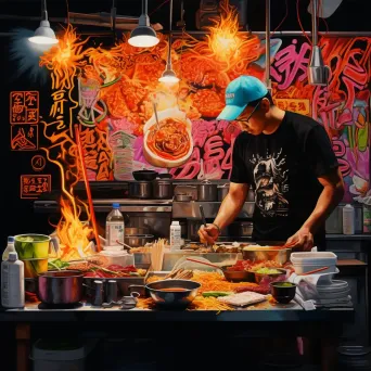 Graffiti-style painting of a street food vendor in Bangkok - Image 3