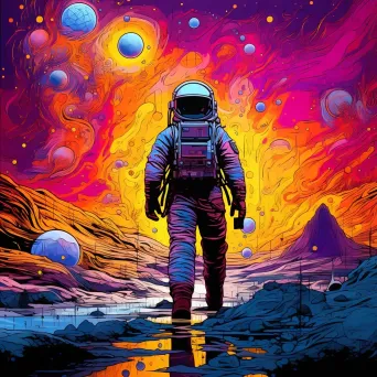 Pop art depiction of a lost astronaut drifting in a vibrant psychedelic nebula - Image 3