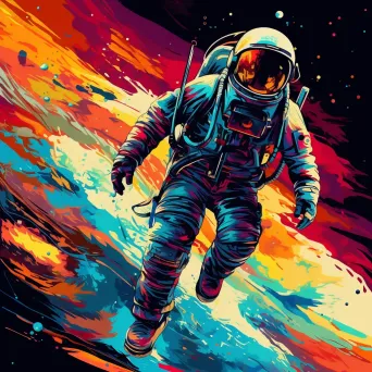 Pop art depiction of a lost astronaut drifting in a vibrant psychedelic nebula - Image 4