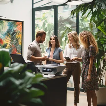 Colleagues gathering around a coffee cart in an amiable office environment - Image 4