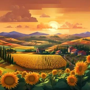 Isometric view of a low poly countryside with sunflower fields at sunset - Image 1