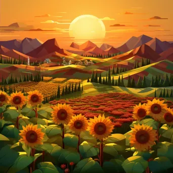 Isometric view of a low poly countryside with sunflower fields at sunset - Image 2