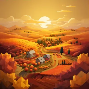 Isometric view of a low poly countryside with sunflower fields at sunset - Image 3