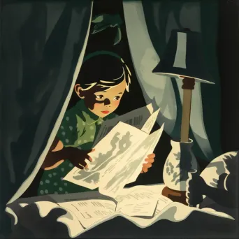 Artistic depiction of a child creating shadow puppets with a flashlight under covers - Image 2