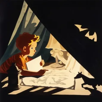 Artistic depiction of a child creating shadow puppets with a flashlight under covers - Image 4