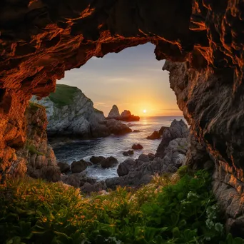 Cave entrance with rugged rocks and sunset backdrop - Image 2