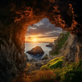 Cave entrance with rugged rocks and sunset backdrop - Image 3