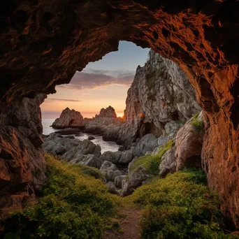 Cave entrance with rugged rocks and sunset backdrop - Image 4