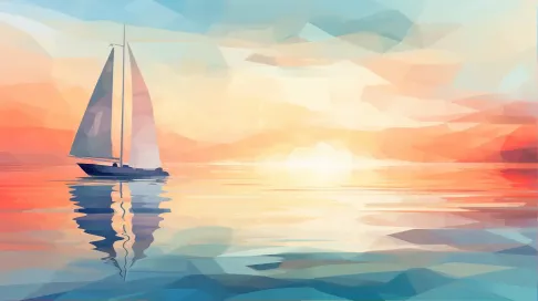 Pastel low poly sailboat floating in ocean at sunset, Impressionism inspired - Image 1