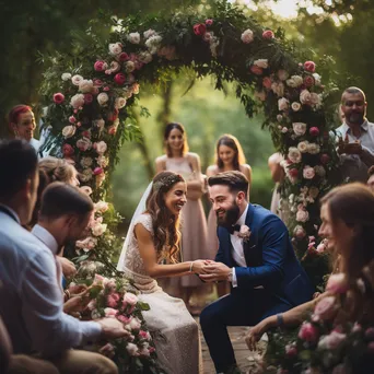 Couple under floral arch exchanging rings - Image 1