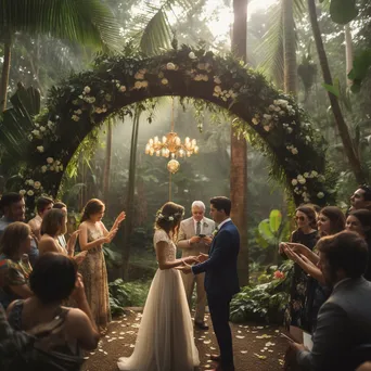 Couple under floral arch exchanging rings - Image 2