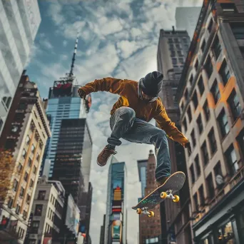 Skateboarder executing a trick jump on a city street. - Image 3