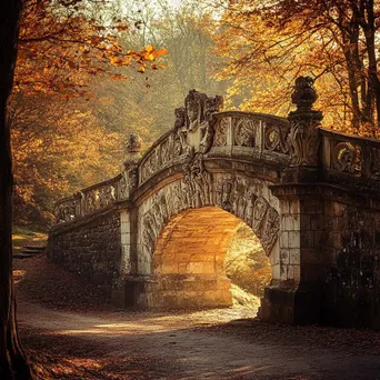 Ancient stone bridge with carvings in autumn sun - Image 3