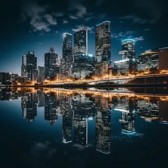 Symmetrical urban skyline reflection in river - Image 1