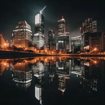 Symmetrical urban skyline reflection in river - Image 3