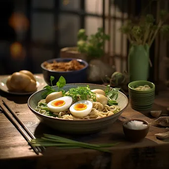 Bowl of gourmet ramen with soft-boiled egg and toppings - Image 1