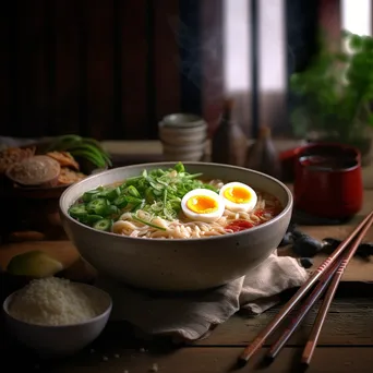 Bowl of gourmet ramen with soft-boiled egg and toppings - Image 2