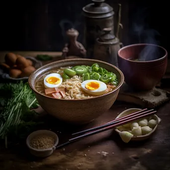 Bowl of gourmet ramen with soft-boiled egg and toppings - Image 3