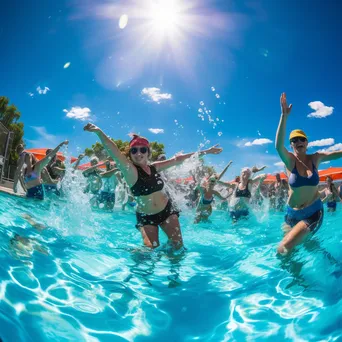 Participants participating in an aqua aerobics class in a sunny pool setting. - Image 1