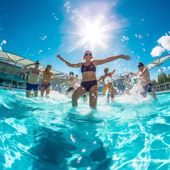 Participants participating in an aqua aerobics class in a sunny pool setting. - Image 2