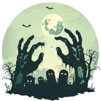 Zombie hands emerging from graveyard, mist, moon, tombstones Halloween logo - Image 1