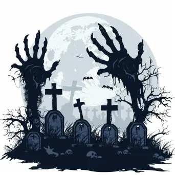 Zombie hands emerging from graveyard, mist, moon, tombstones Halloween logo - Image 4