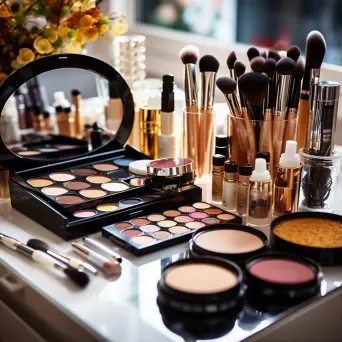 Top view of makeup products on a vanity table with brushes and palettes - Image 1