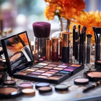 Top view of makeup products on a vanity table with brushes and palettes - Image 2