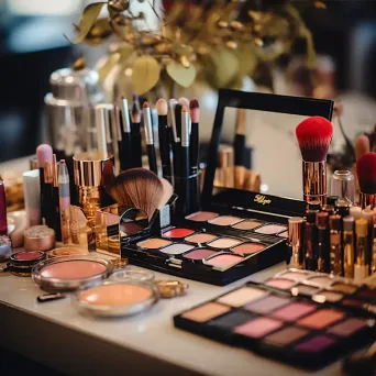 Top view of makeup products on a vanity table with brushes and palettes - Image 3