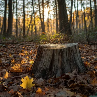 Ancient tree stump in a sunlit forest clearing surrounded by leaves - Image 2