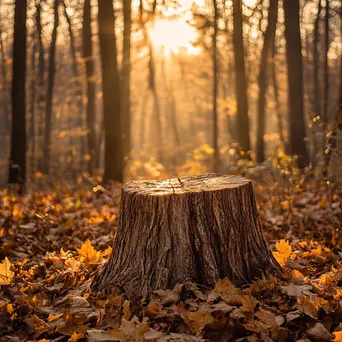 Ancient tree stump in a sunlit forest clearing surrounded by leaves - Image 3