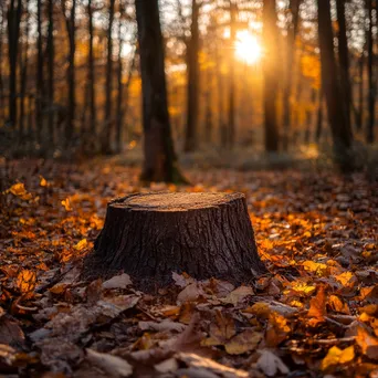 Ancient tree stump in a sunlit forest clearing surrounded by leaves - Image 4