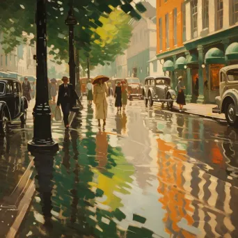 Illustration of a rainy street scene with puddles reflecting a sunny day - Image 4