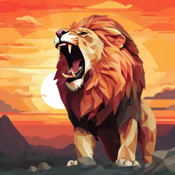 Low-poly portrait of a roaring lion at sunset - Image 2