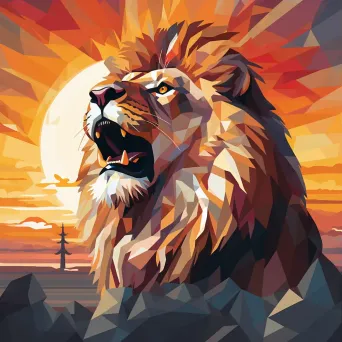 Low-poly portrait of a roaring lion at sunset - Image 3