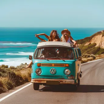 Group of friends singing joyfully inside their van on the road - Image 1