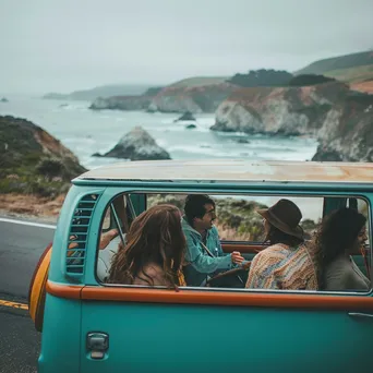 Group of friends singing joyfully inside their van on the road - Image 4