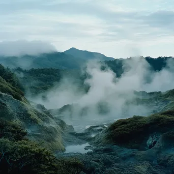 Misty geothermal springs shrouded in steam creating an ethereal effect. - Image 1