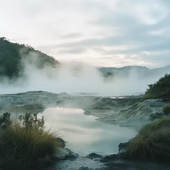 Misty geothermal springs shrouded in steam creating an ethereal effect. - Image 3