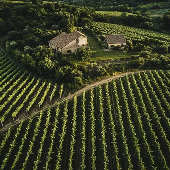 Aerial perspective of vineyard with rows of grapevines and farmhouse - Image 3