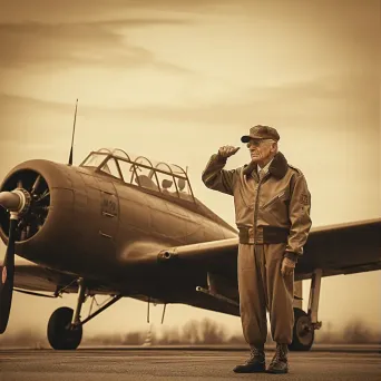 Vintage portrait of an older man in a retro military uniform saluting in front of a vintage airplane - Image 1